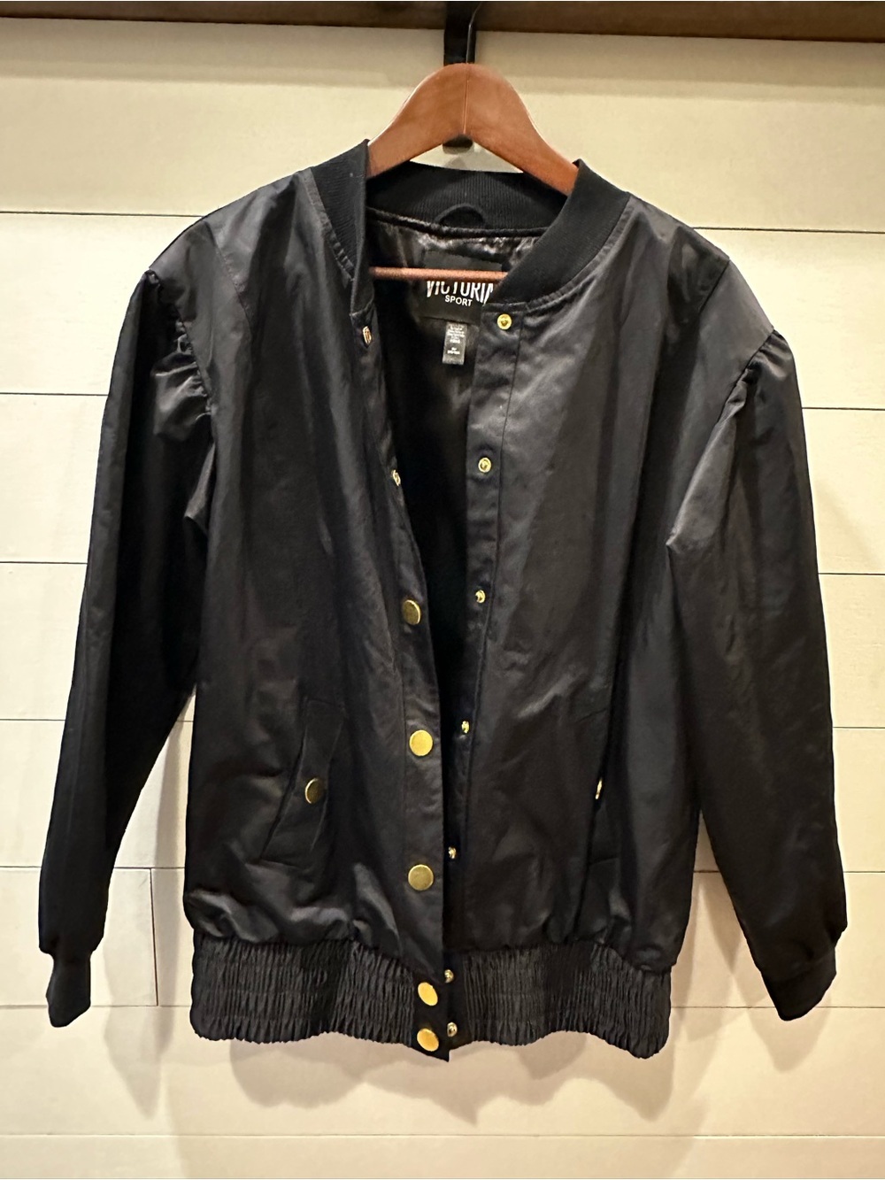 Victoria Sport Women's Black Bomber Jacket with Gold Buttons- size Medium